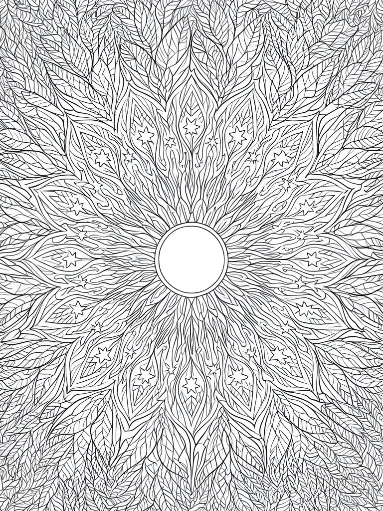 Detailed black-and-white mandala with leaves, stars, and central circle