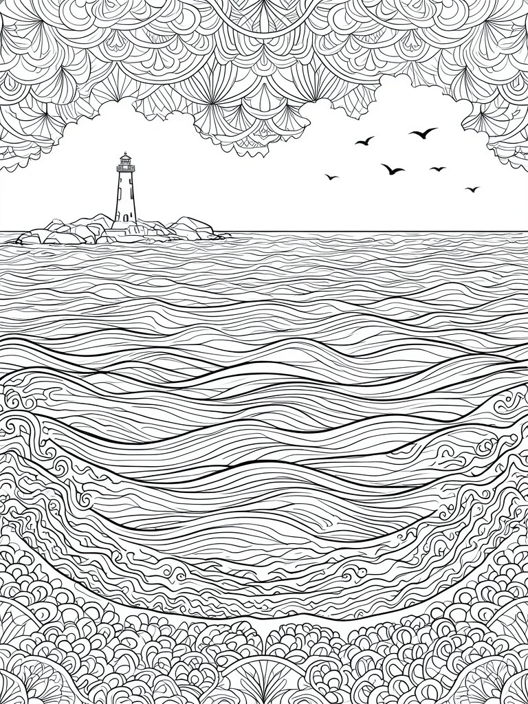 Lighthouse on rocks amid swirling ocean waves with flying birds under patterned sky