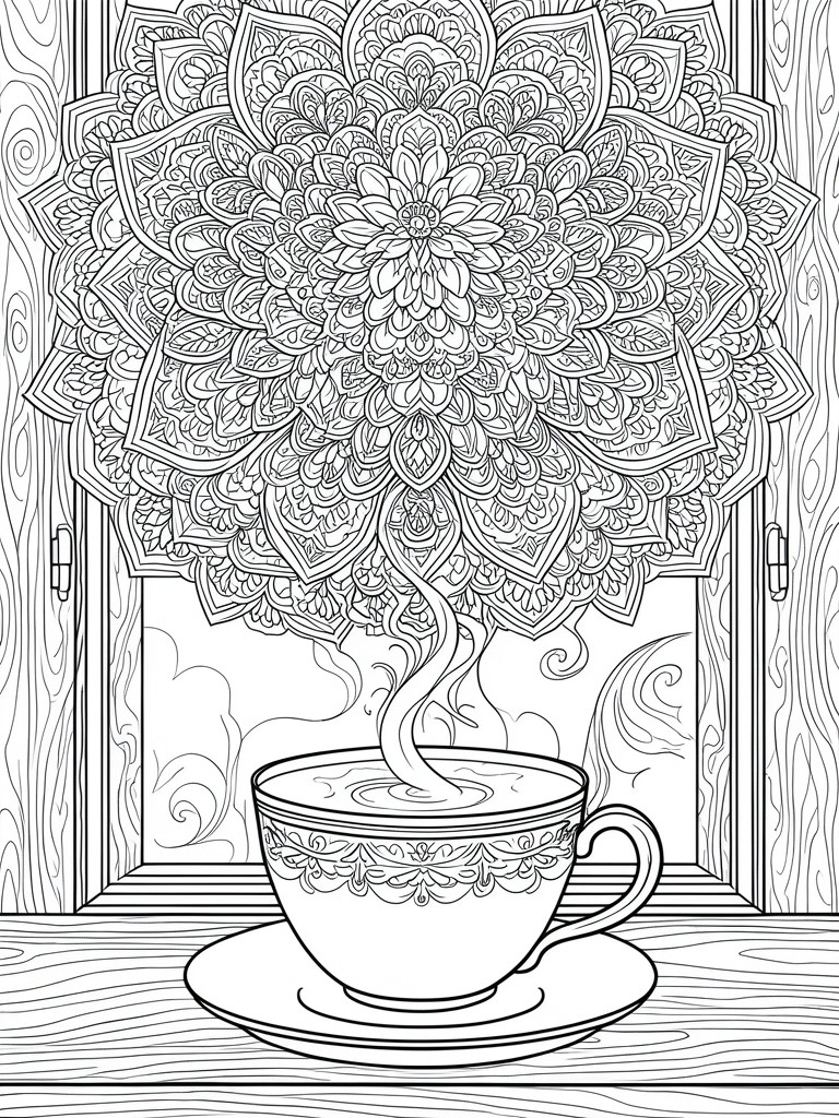 A coloring page showing a teacup with steam rising into a large mandala flower design inside a window frame.
