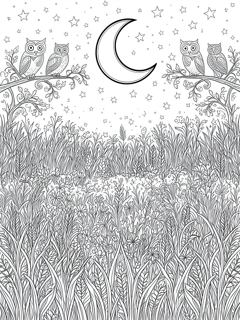 A black and white line drawing of four owls on tree branches with a crescent moon, stars, and tall grass in the foreground.
