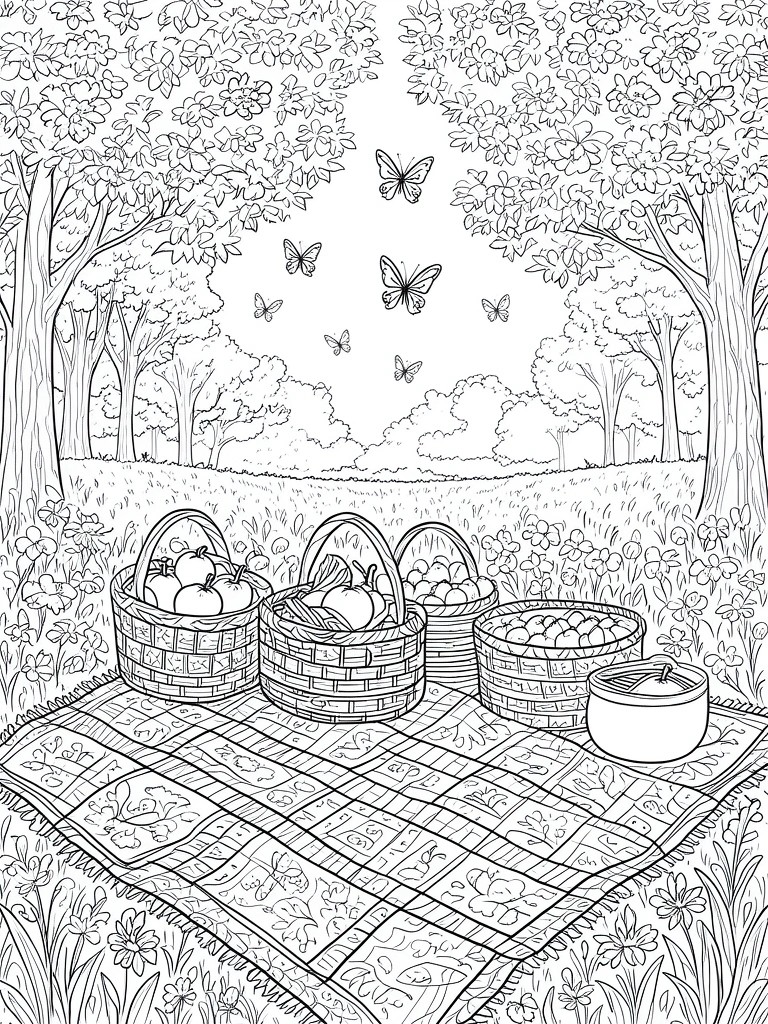 A line drawing of three picnic baskets with fruits on a checkered blanket in a field with trees and butterflies.