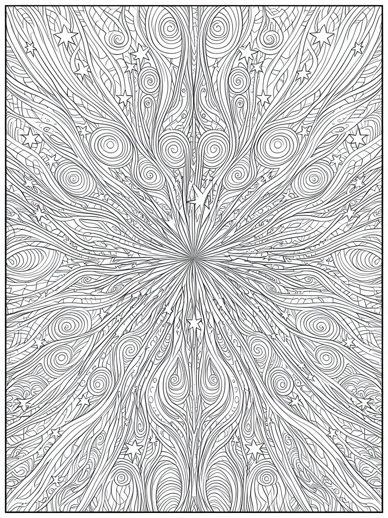 A black and white coloring page of a symmetrical mandala with stars and swirling lines radiating from the center.