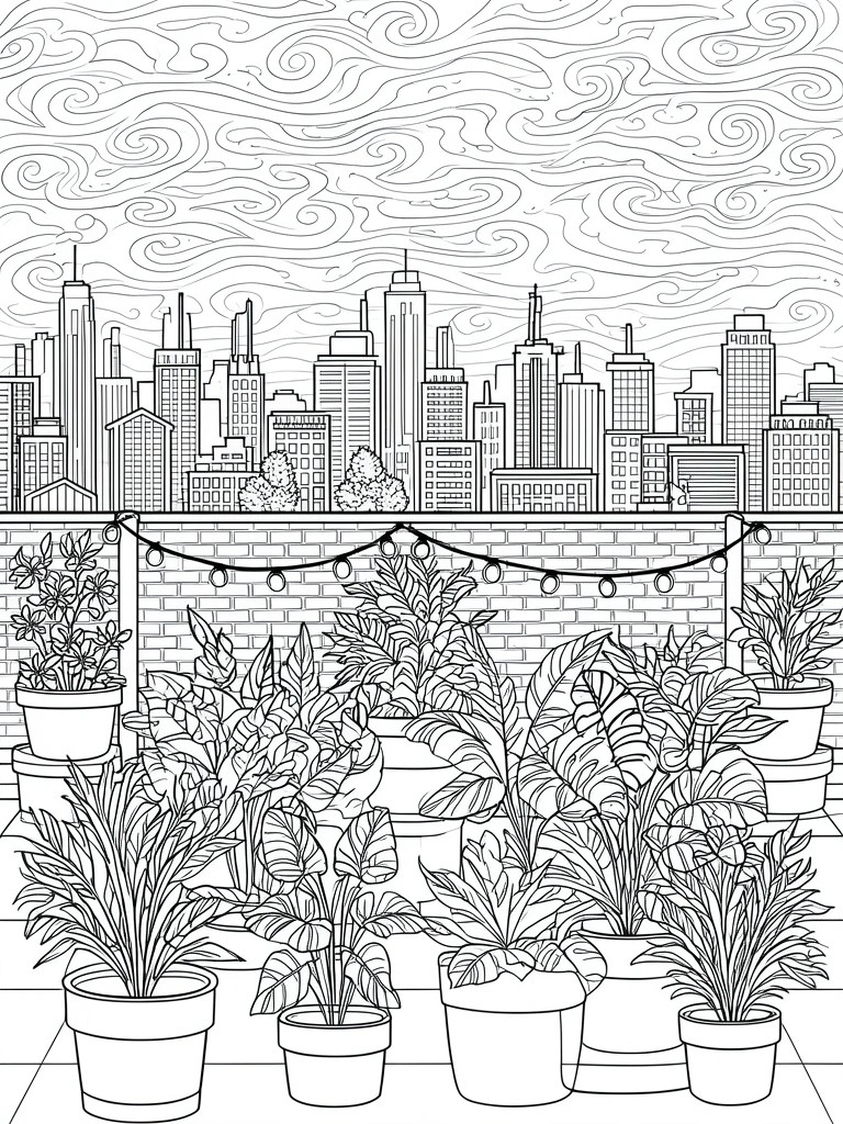 Line art of lush potted plants on rooftop terrace with city skyline and string lights.