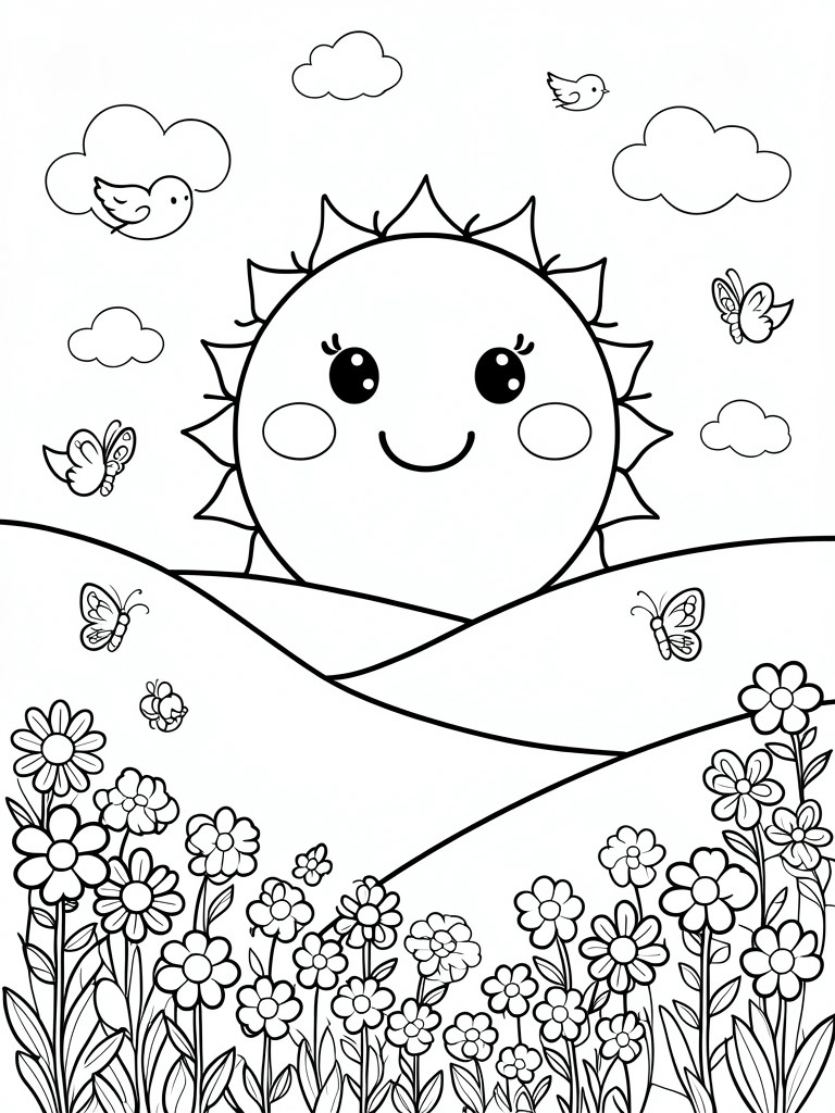 A black and white coloring page with a smiling sun above hills, flowers, butterflies, birds, and clouds.