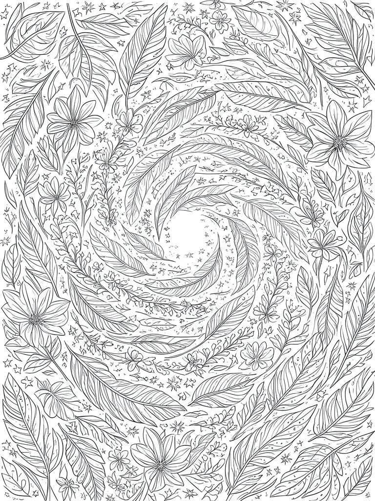 A black and white coloring page with a spiral of feathers, flowers, leaves, and stars.