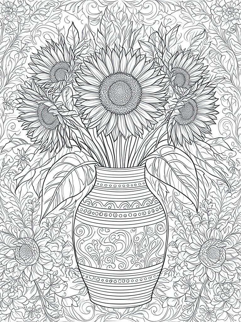Sunflowers in an ornate patterned vase amid intricate floral swirls and leaves
