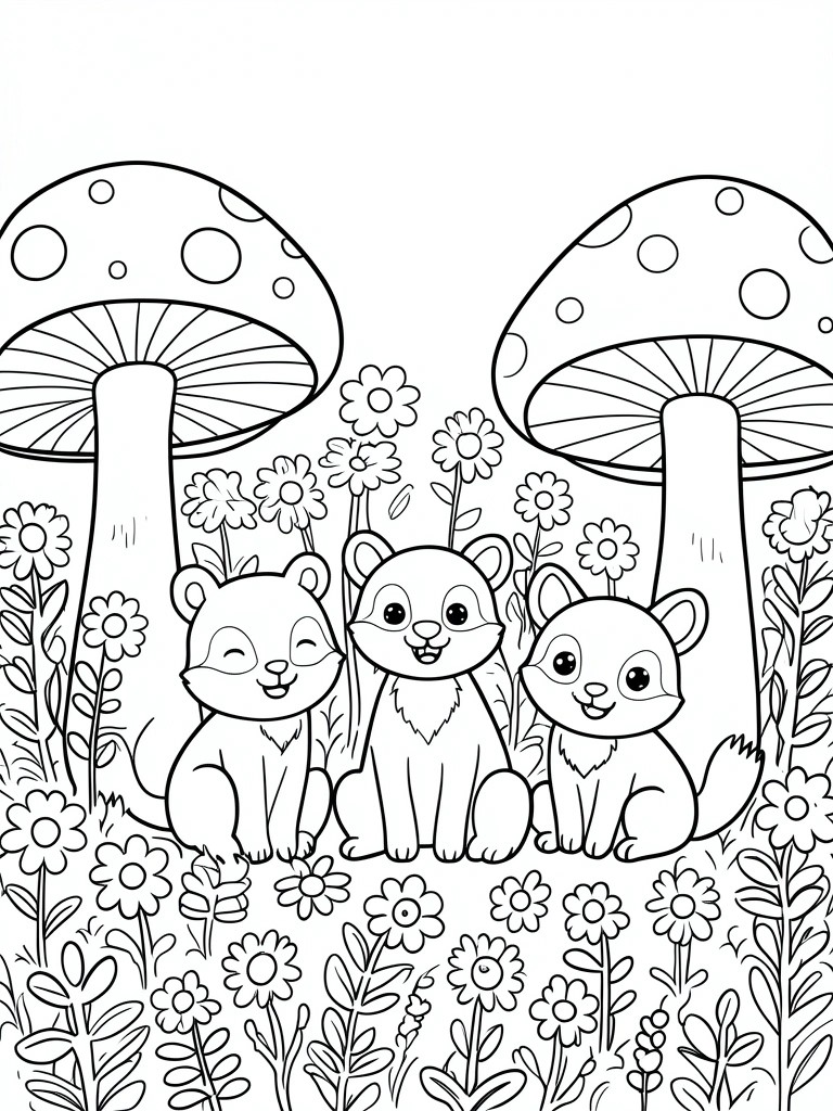 A black and white coloring page shows three cute animals sitting among large mushrooms and many flowers.