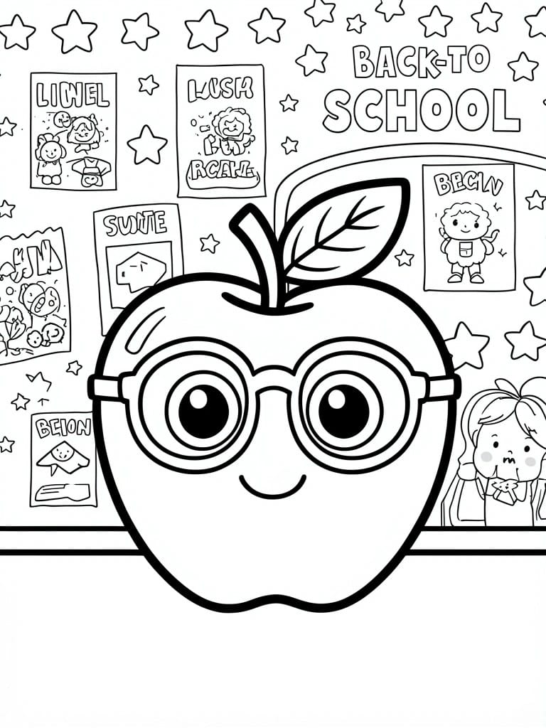Coloring page with smiling apple wearing glasses amid stars and school posters.