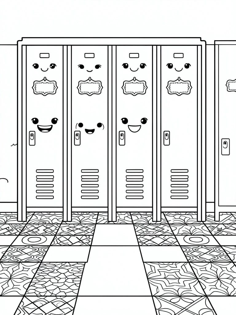 A row of school lockers with cartoon faces above a patterned tile floor in a hallway.