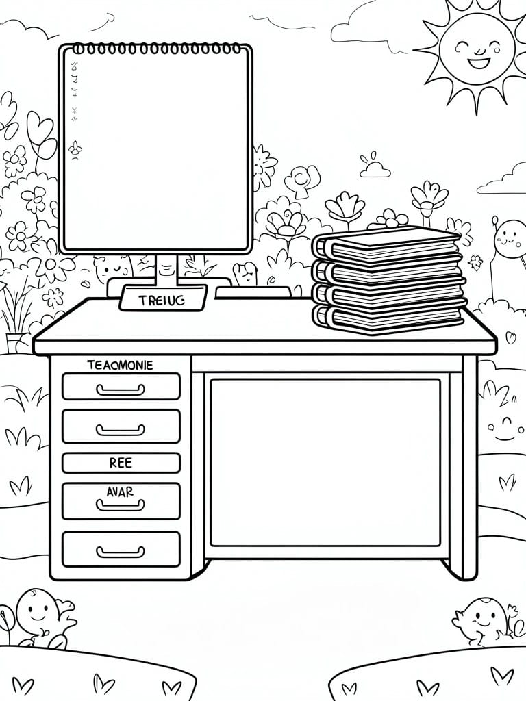 Coloring page of desk with stacked books and drawers in sunny garden with flowers and creatures.