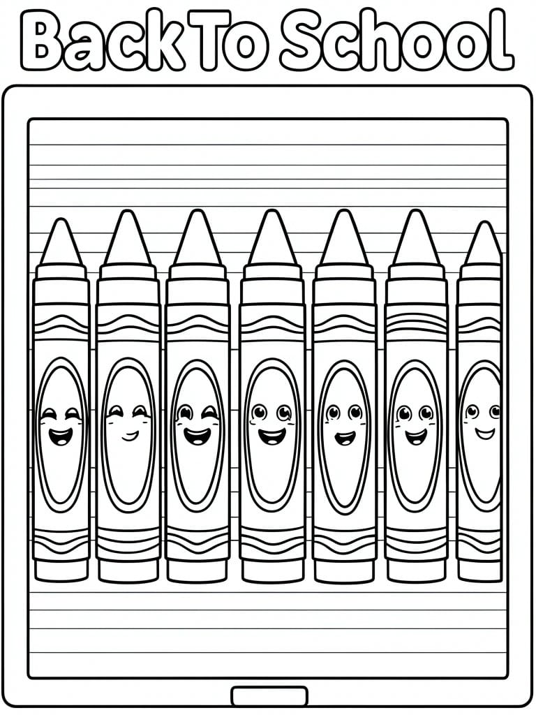 Coloring page with Back To School text above seven smiling crayons on lined paper