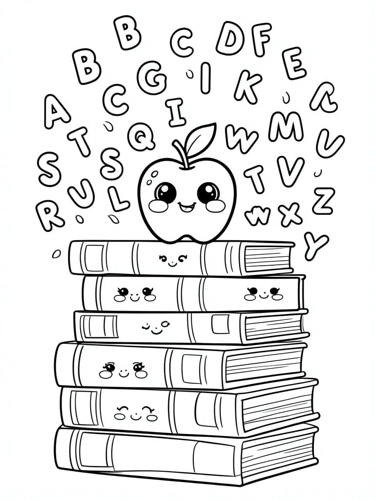 Cute apple with face atop stack of books amid scattered alphabet letters
