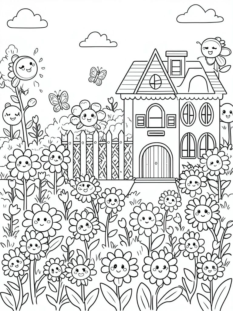 A black and white line drawing of a house surrounded by many smiling flowers, butterflies, a sun, clouds, and a fence.