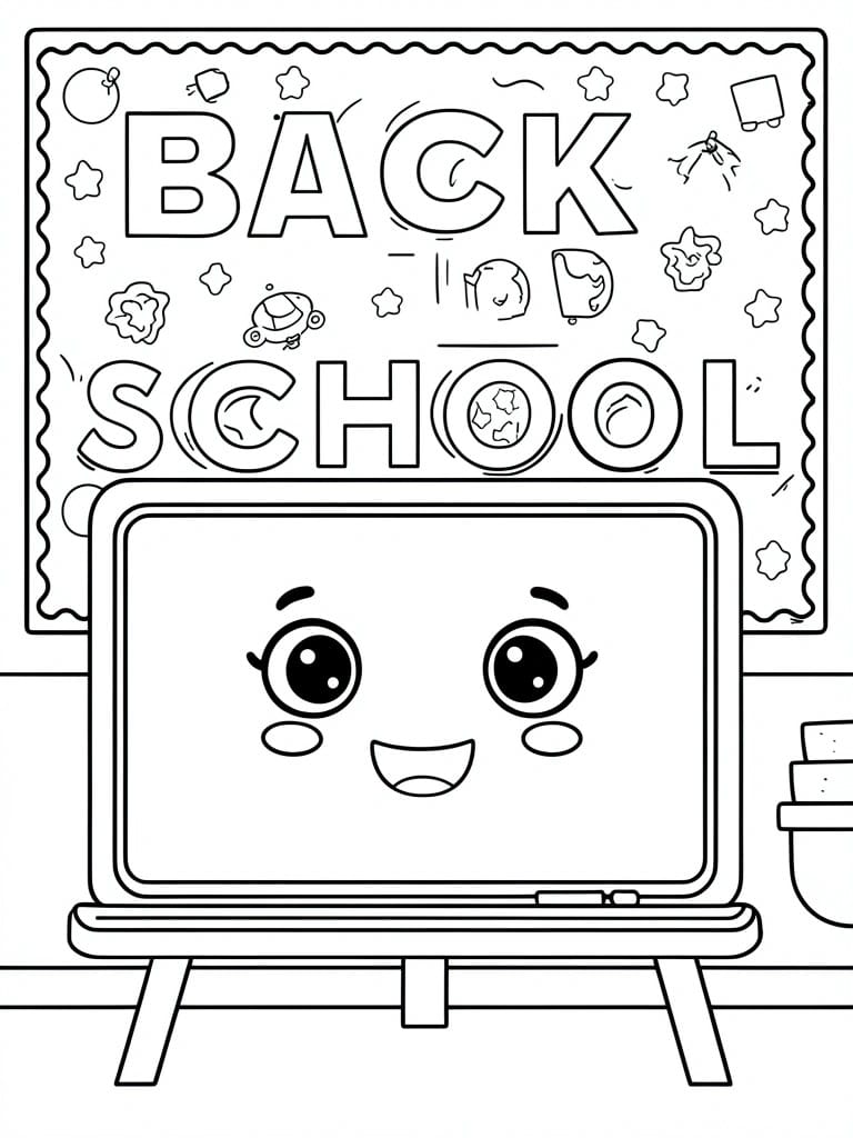 Cute animated whiteboard with happy face before back to school chalkboard