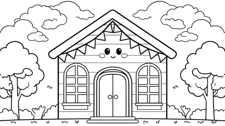 18 Creative Back to School Coloring Pages for First Week Classroom Fun Coloring page of festive school with bunting, trees, and cartoon faces in windows.