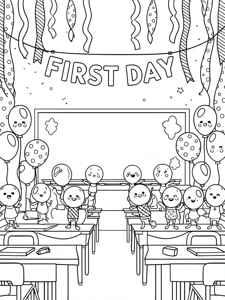 Coloring page of cartoon kids with balloons under