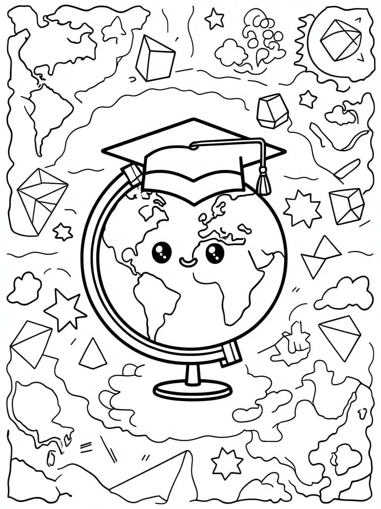 Coloring page of a globe wearing a graduation cap with big eyes, surrounded by geometric polyhedra, stars, clouds, and faint map outlines.