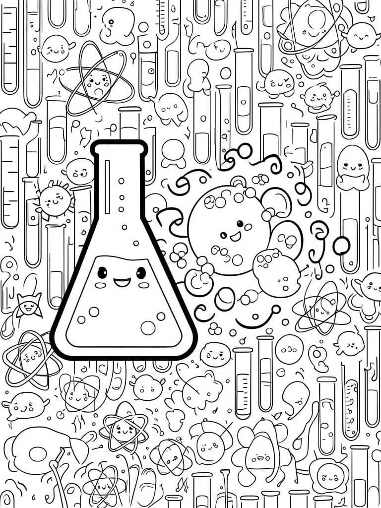 Coloring page with large smiling flask amid cute cartoon science doodles