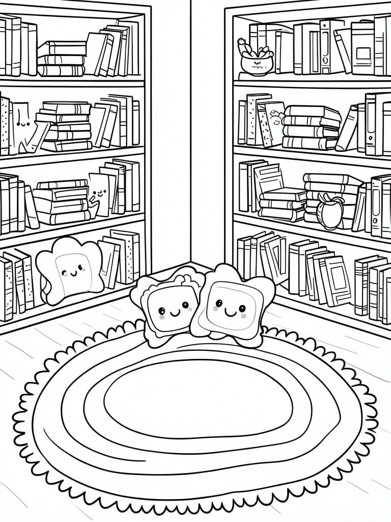 Adorable cartoon bread characters on a rug between bookshelves in a library.