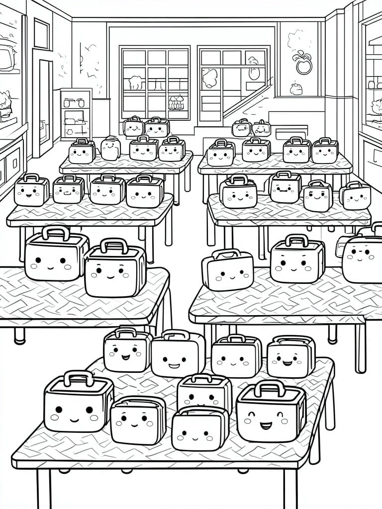 A black and white coloring page of a classroom with tables holding many cute faced lunchbox characters.