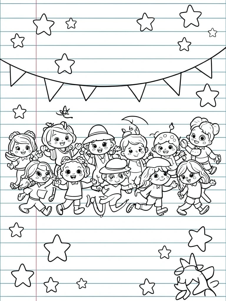 A black and white line drawing of many cartoon children on lined notebook paper, surrounded by stars, bunting flags, a butterfly, and a small dinosaur.