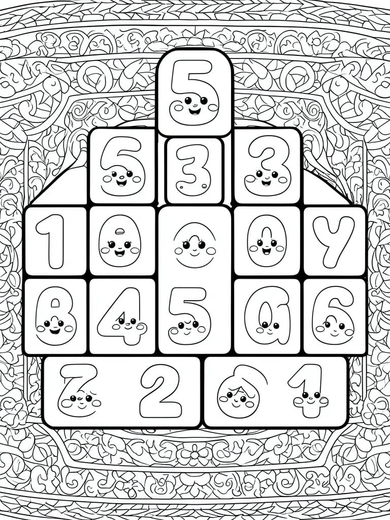 A black and white coloring page showing cartoon-faced numbers in a grid with decorative borders.