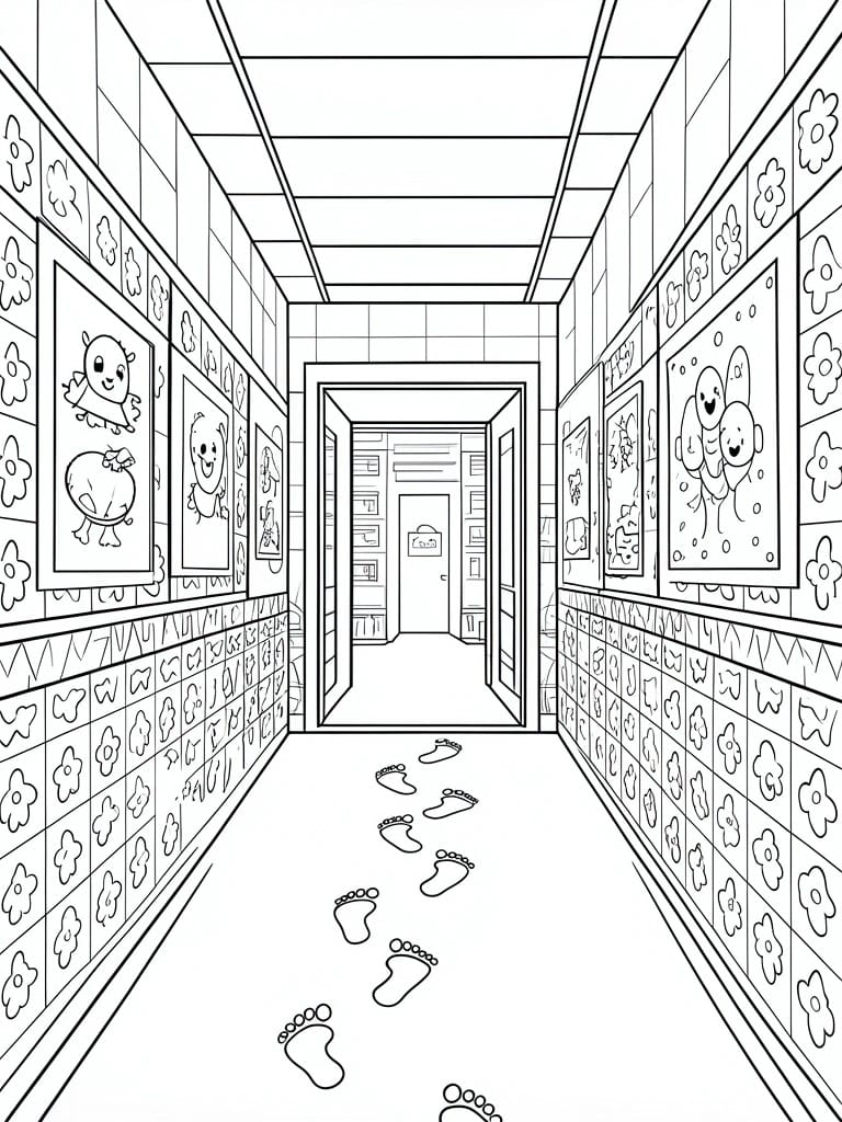 A black and white coloring page of a long school hallway with footprints on the floor, framed pictures on the walls, and patterned tiles.