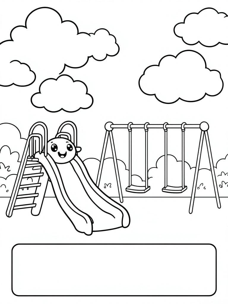 A black and white line drawing of a playground with a slide featuring a cartoon character, a swingset, clouds, bushes, and a blank rectangle at the bottom.