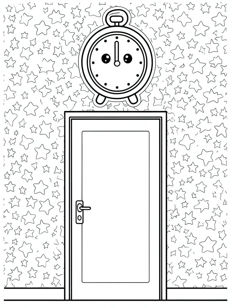 Coloring page showing door under large stopwatch amid starry background