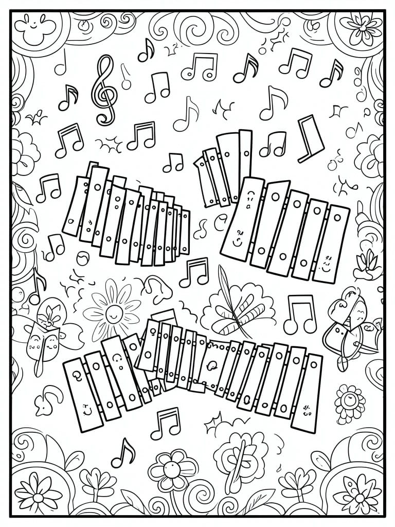 A black and white coloring page with several xylophones, musical notes, flowers, butterflies, and swirls.