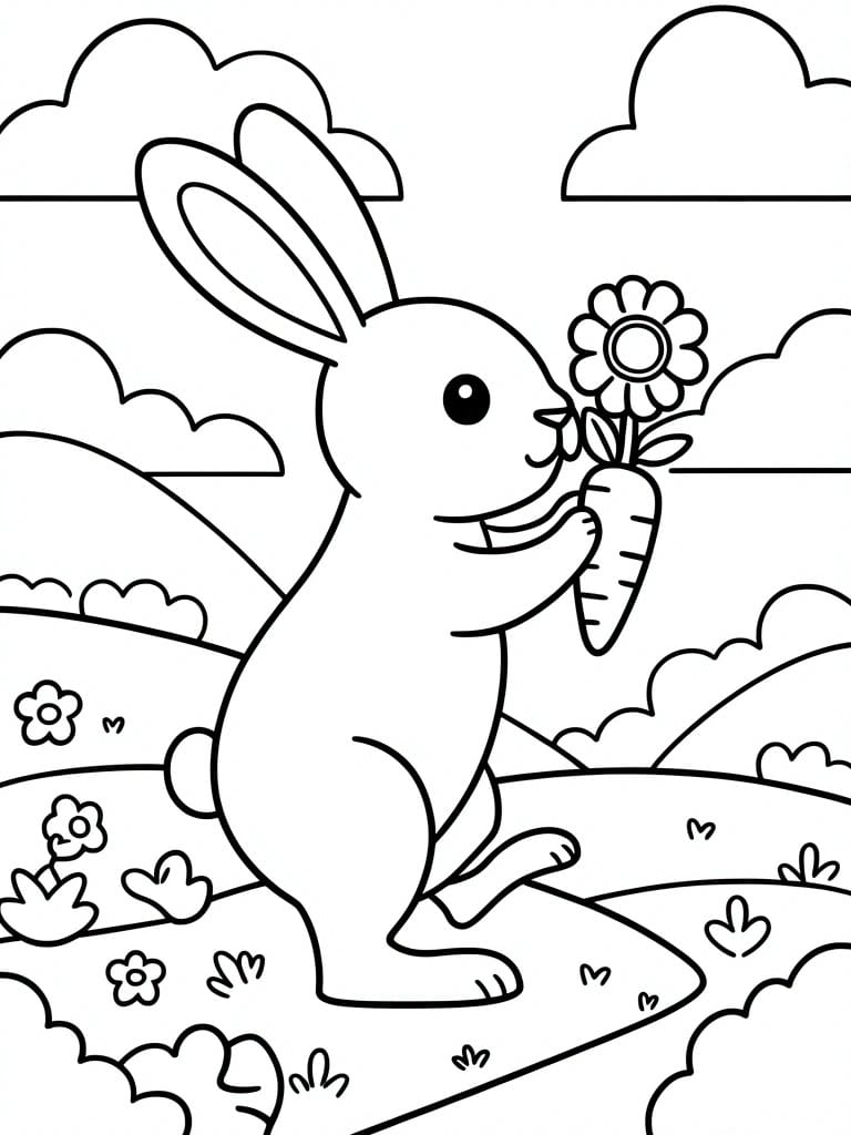 A simple line drawing shows a standing rabbit holding a carrot with a flower on it in a field with hills, clouds, and scattered small flowers and hearts.