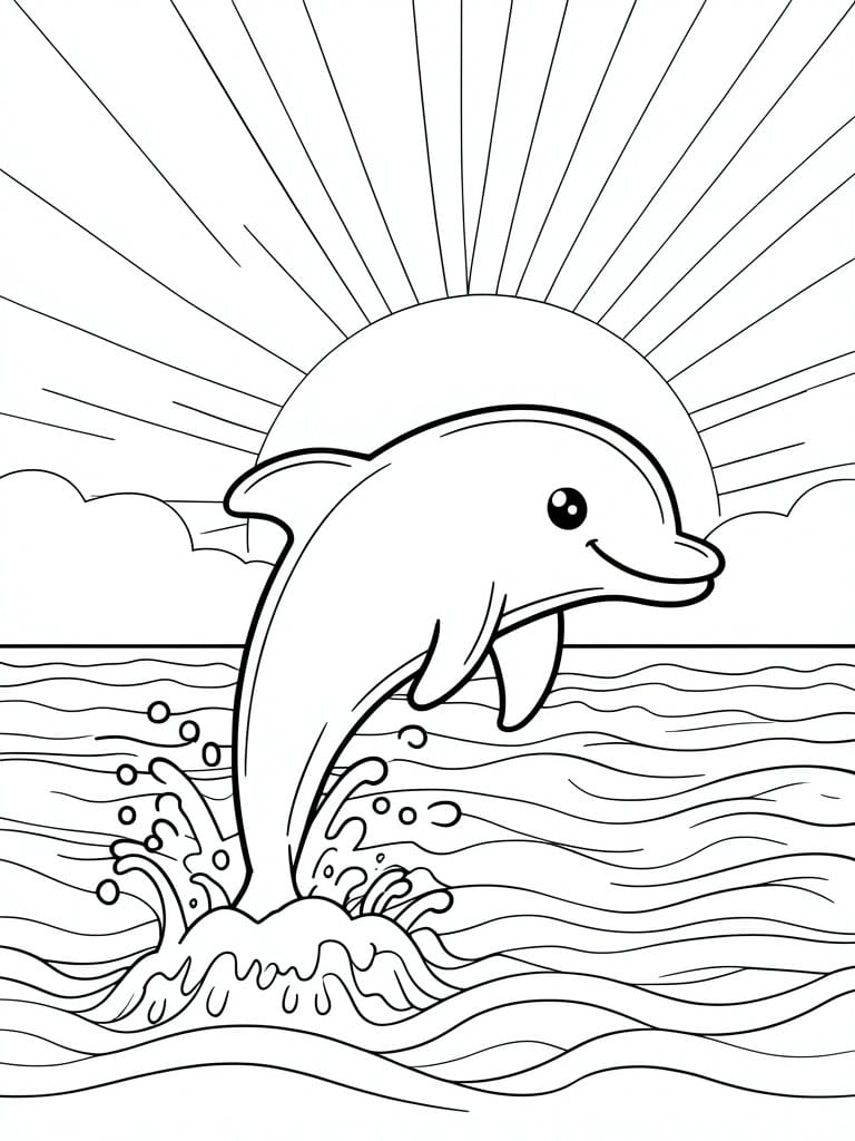 Cartoon dolphin leaping from ocean waves under radiant sun with clouds