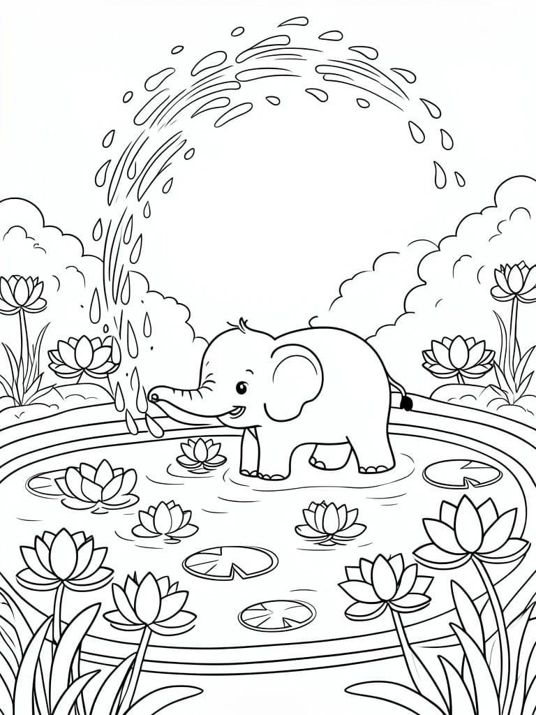 Cartoon elephant splashing water in a pond amid lotus flowers and lily pads.