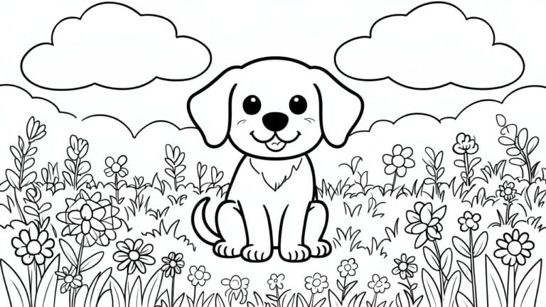 20 Cute Animal Coloring Pages for Kids Practicing Simple Crayon Skills Cartoon puppy sitting happily among flowers and clouds in a coloring page