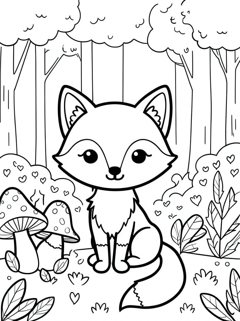 Cute cartoon fox sitting in forest with mushrooms, trees, and hearts