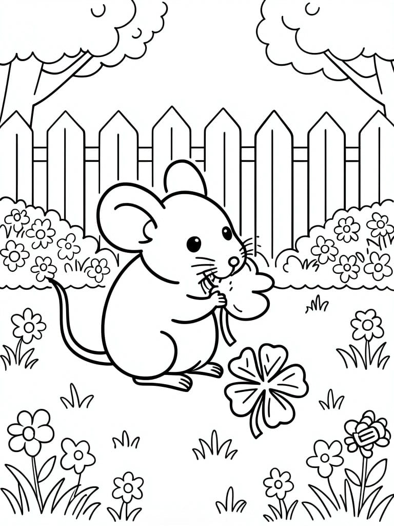 A black and white line drawing of a mouse holding a flower in a garden with a picket fence, clouds, and scattered flowers.