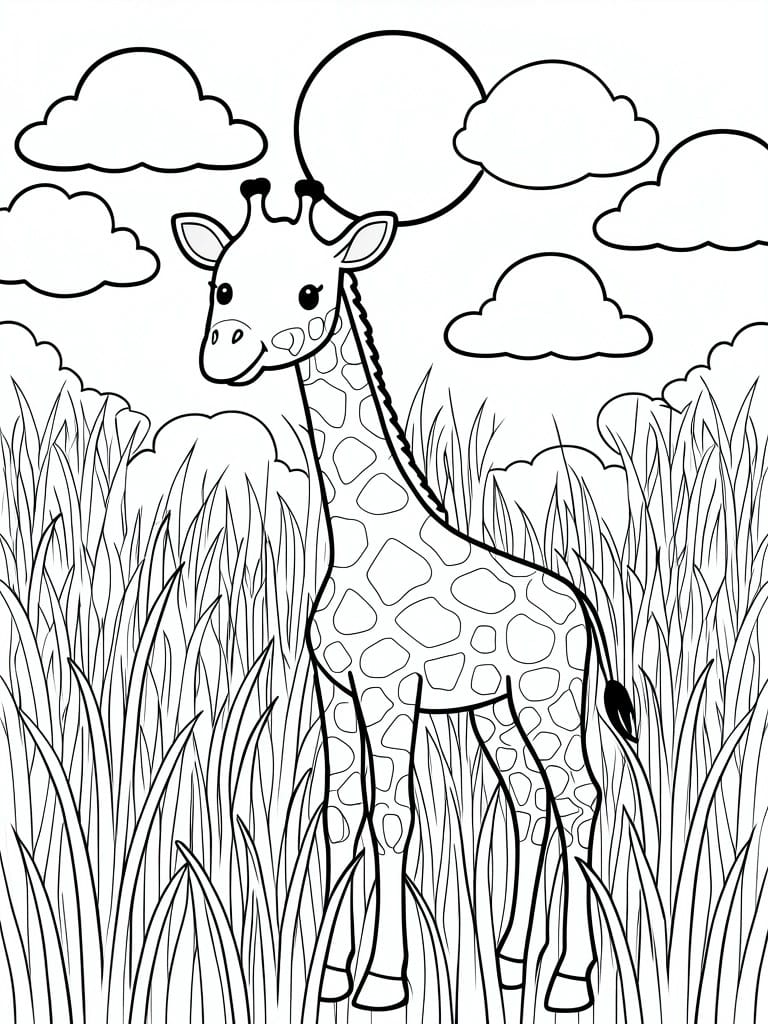 Cartoon giraffe standing in tall grass under sun and clouds in line drawing