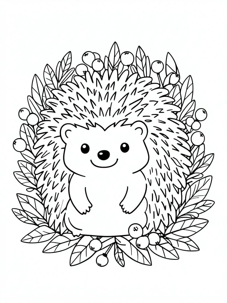 A line drawing of a cute hedgehog with leaves and berries arranged in a circle around it.