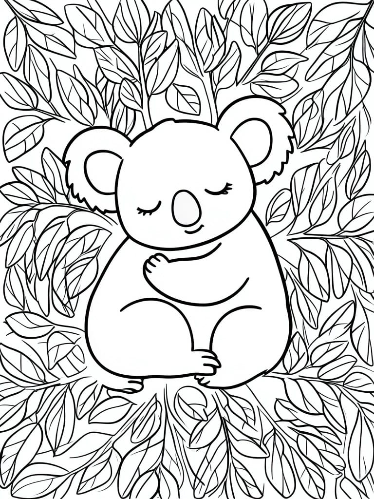 A line drawing of a koala with closed eyes sitting among many leaves.