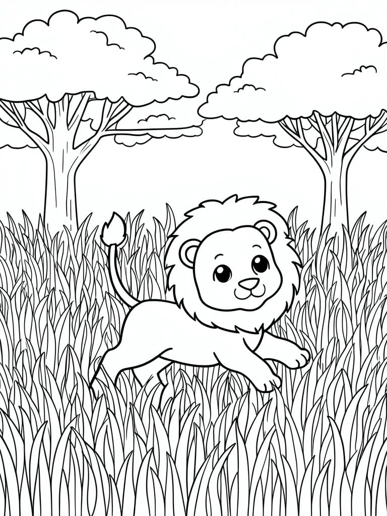 Cartoon lion cub leaping through tall grass with trees and clouds behind