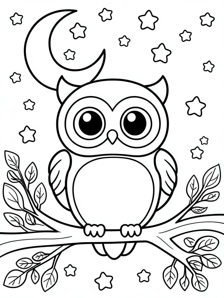 Cute cartoon owl on a branch under crescent moon and stars line drawing