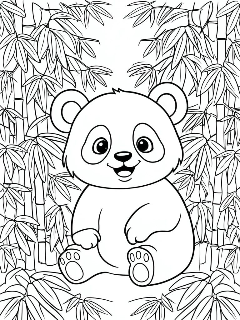 Cute cartoon panda sitting happily in a bamboo forest, black and white line art