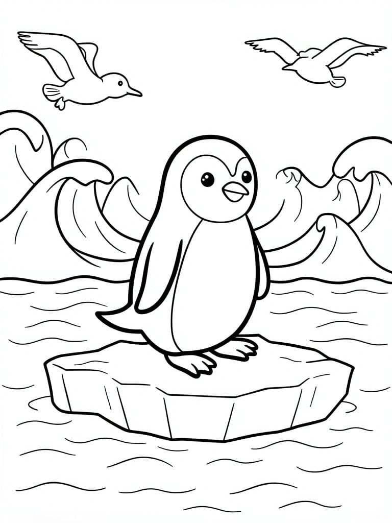 A black and white line drawing of a penguin standing on an ice chunk surrounded by waves with two birds flying overhead.