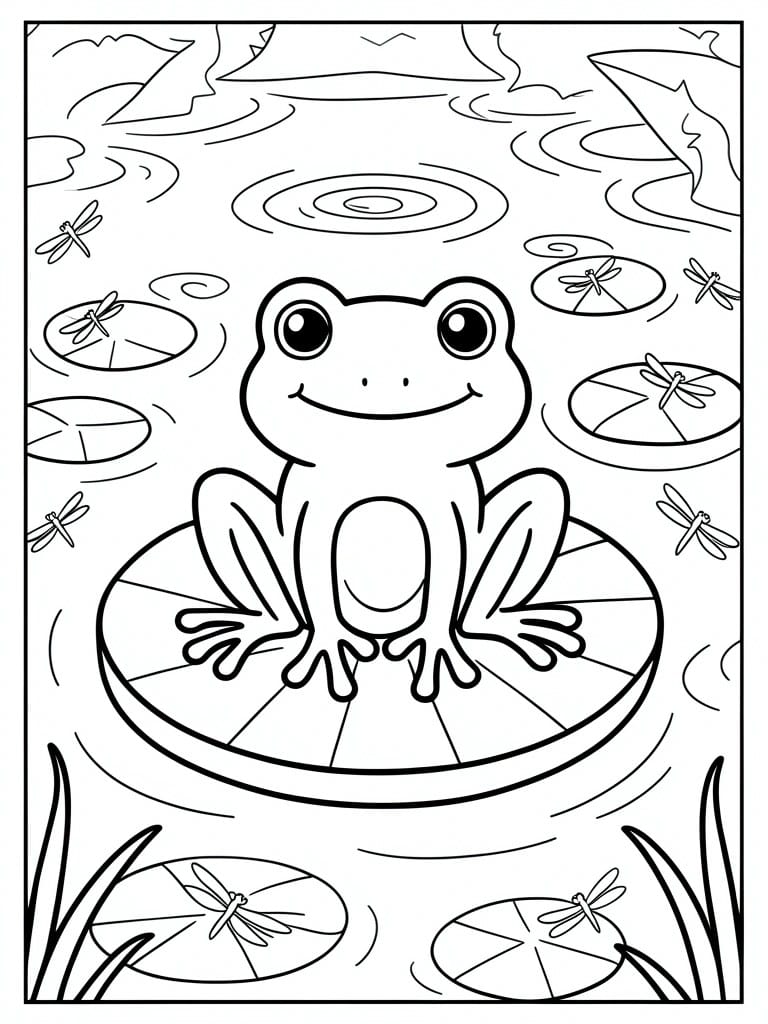 Smiling cartoon frog on lily pad amid dragonflies, ripples, and lily pads in pond line art
