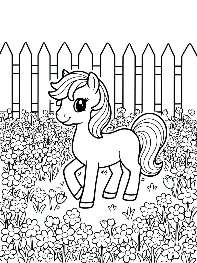 Cartoon pony with flowing mane standing in flower garden by picket fence.