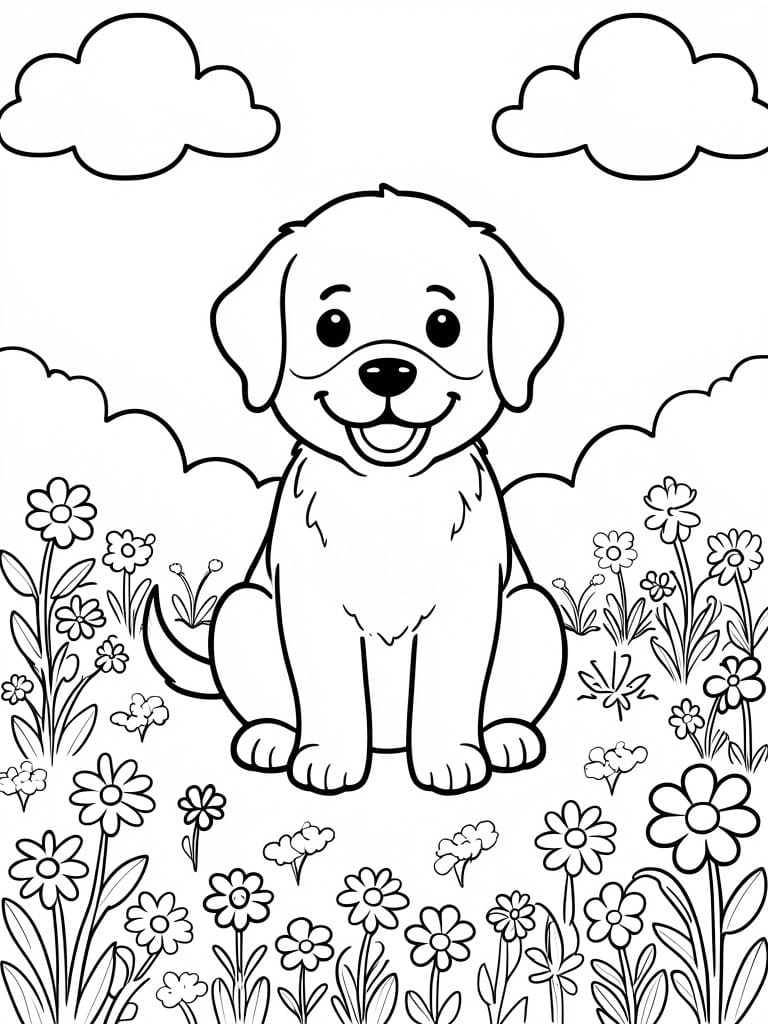 Cartoon puppy sitting happily among flowers and clouds in a coloring page