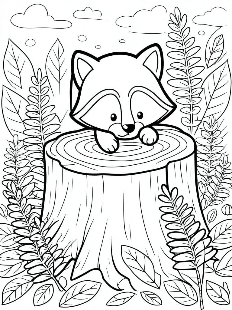 Cute cartoon raccoon peeking over a tree stump amid forest leaves and plants
