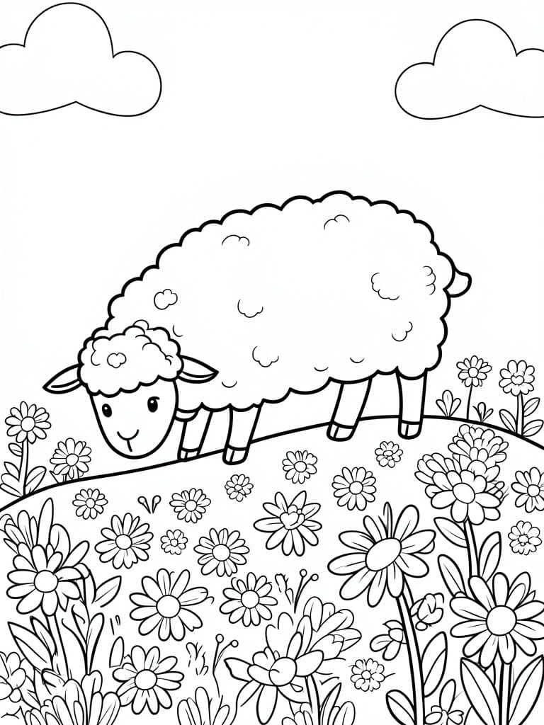 Cartoon sheep standing in a flower-filled meadow under clouds, black-and-white line art.