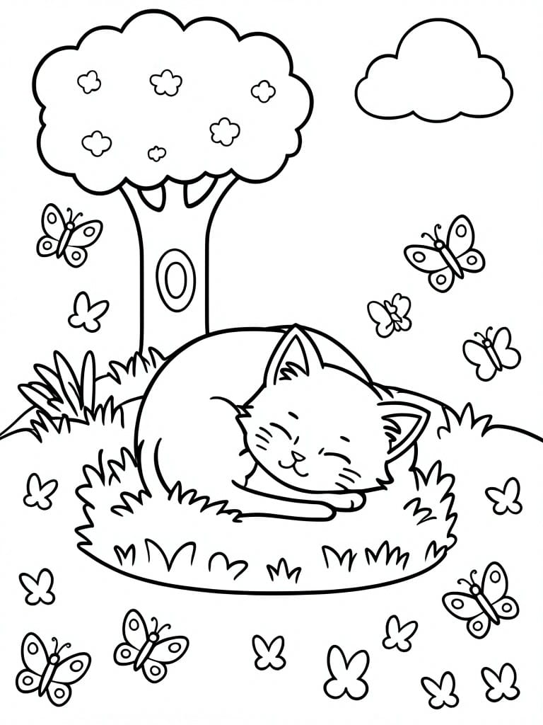 Sleeping cat curled in grass under tree with butterflies flying around