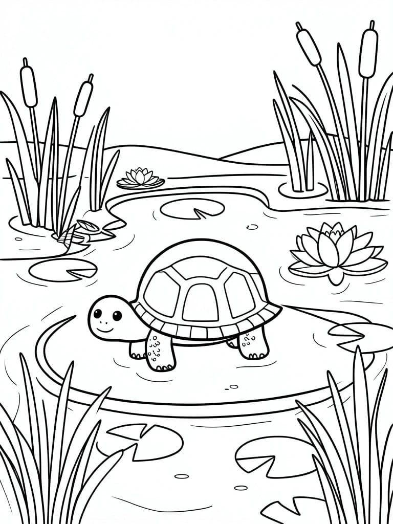 A black and white line drawing of a turtle in a pond surrounded by lily pads, lotus flowers, and reeds.